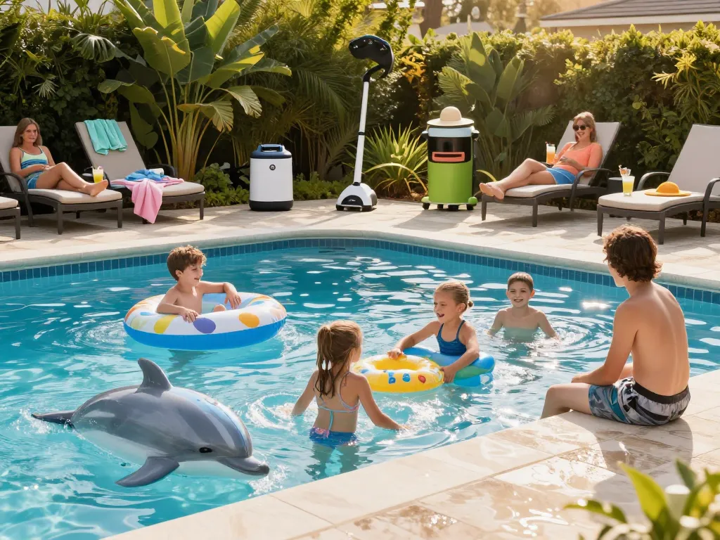 Dolphin Pool Services enhancing summer fun with a happy family enjoying a clean pool.
