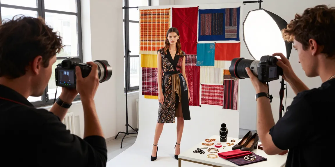 Photographie professionnelle par MaxArt studio photographique à Milan, mettant en avant un photographe et un modèle dans un studio de mode lumineux.