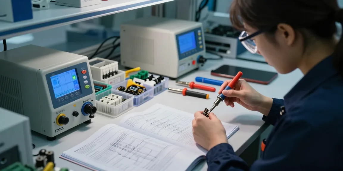 Engineer assembling IEC connectors at a modern electronics workshop with various tools.