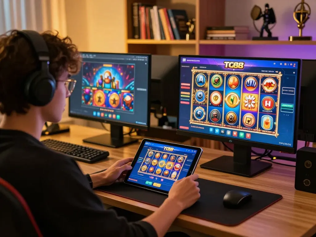 Player engaging with the TG88 online casino app to explore exciting games and features