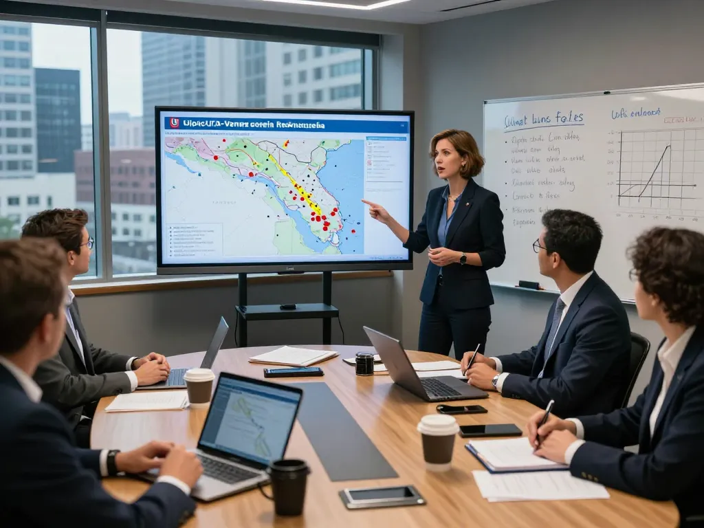 Analysts discussing U.S.-Venezuela relations in a conference room, highlighting strategies from sanctions to strikes.