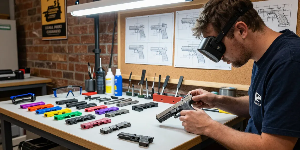 Precision Glock slides workshop scene showcasing customization skills at https://precisionglockslides.com