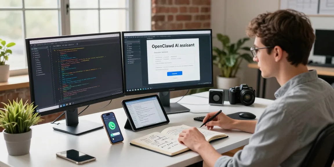 Developer setting up the clawbot AI assistant at a modern workstation.