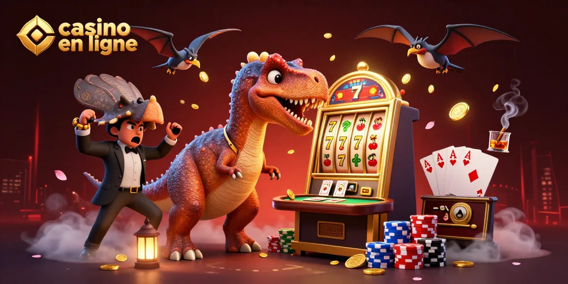 Casino en ligne illustré avec un pachycéphalosaure et une machine à sous dorée, action palpitante.
