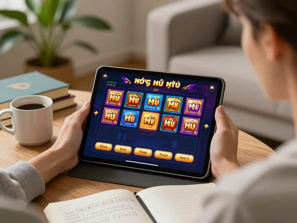 Play nổ hũ đổi thưởng in a cozy home setting with tablet and notebook.