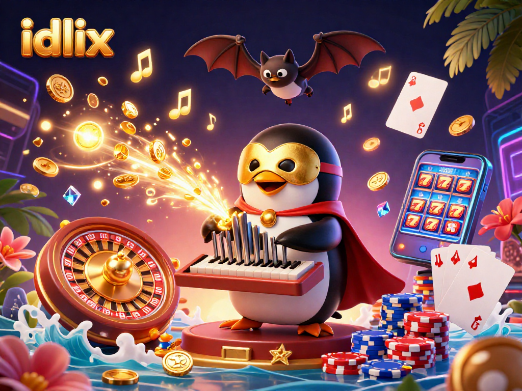 idlix casino scene featuring a penguin playing an organ with golden coins, vibrant colors and dynamic action.