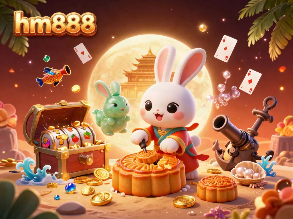 Experience the thrilling gameplay of hm888 with vibrant slot reels and festive icons in a captivating moonlit setting.