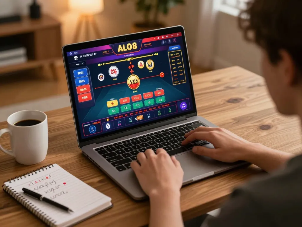 Player engaging in thrilling gaming action on ALO8 casino platform with vibrant online atmosphere.