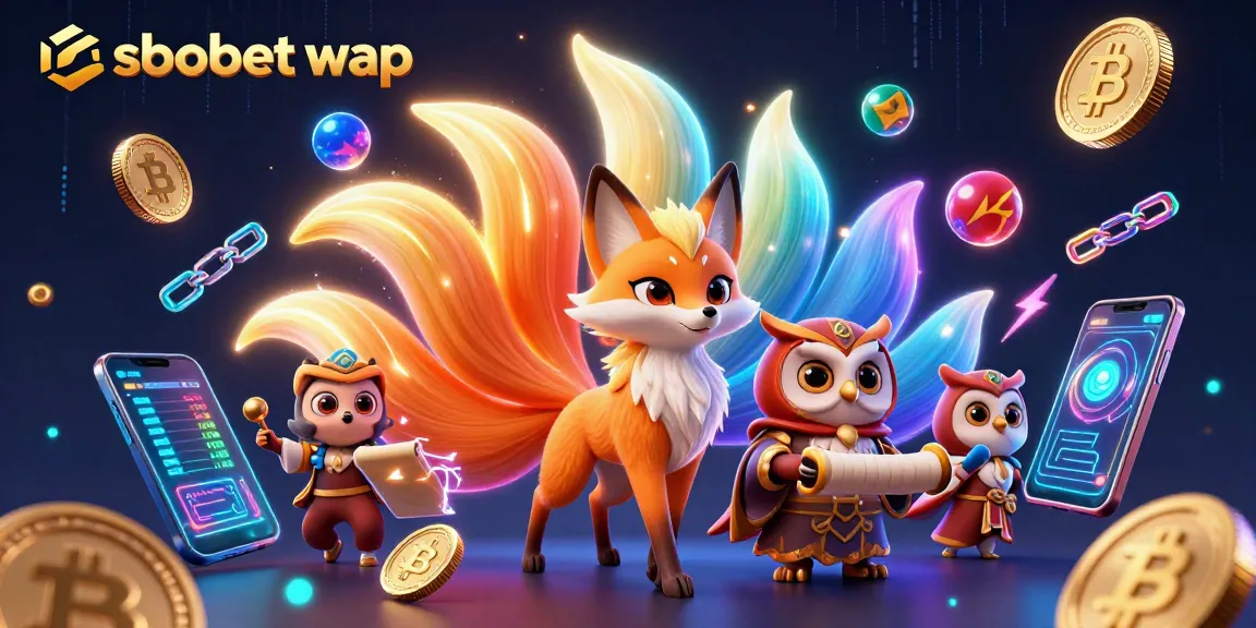 Engage with sbobet wap as vibrant characters illuminate a mobile gaming scene filled with crypto elements.