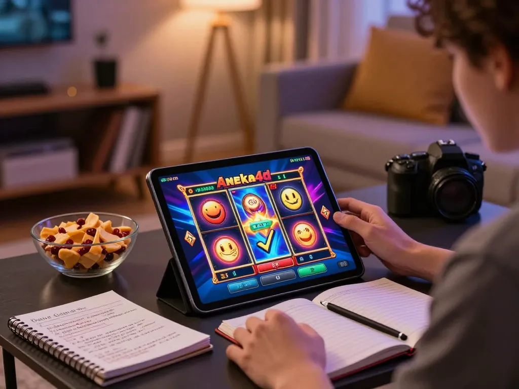 Pemain menikmati slot aneka4d di tablet di ruang tamu yang nyaman dengan catatan strategi terlihat.