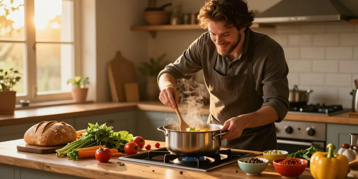 Suppe kaufen leicht gemacht in einer gemütlichen Küche, in der ein Koch eine köstliche Suppe mit frischen Zutaten zubereitet.