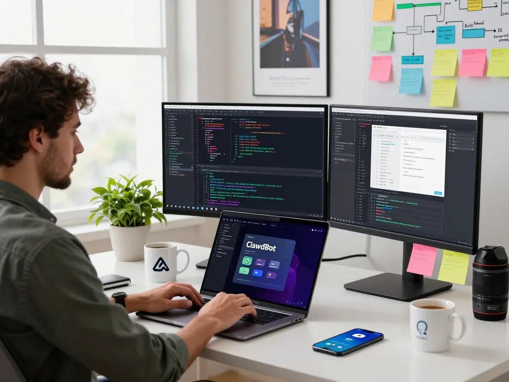Developer using ClawdBot AI on laptop in a modern workspace, surrounded by coding tools and tech decor.