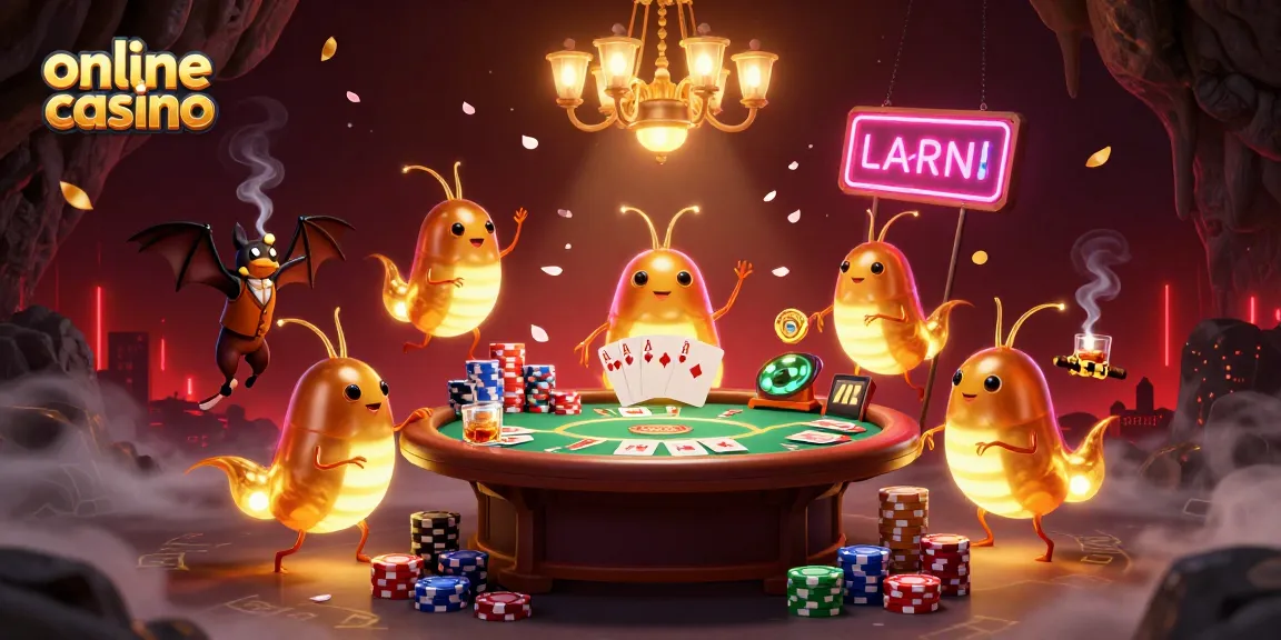 Glowworms illuminate an online casino scene as a bat dealer manages poker games amidst vibrant action.
