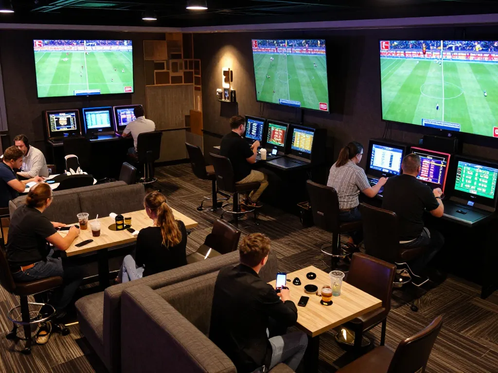 Bet on Bundesliga matches at Go8 in a dynamic sports lounge, showcasing excitement and camaraderie.