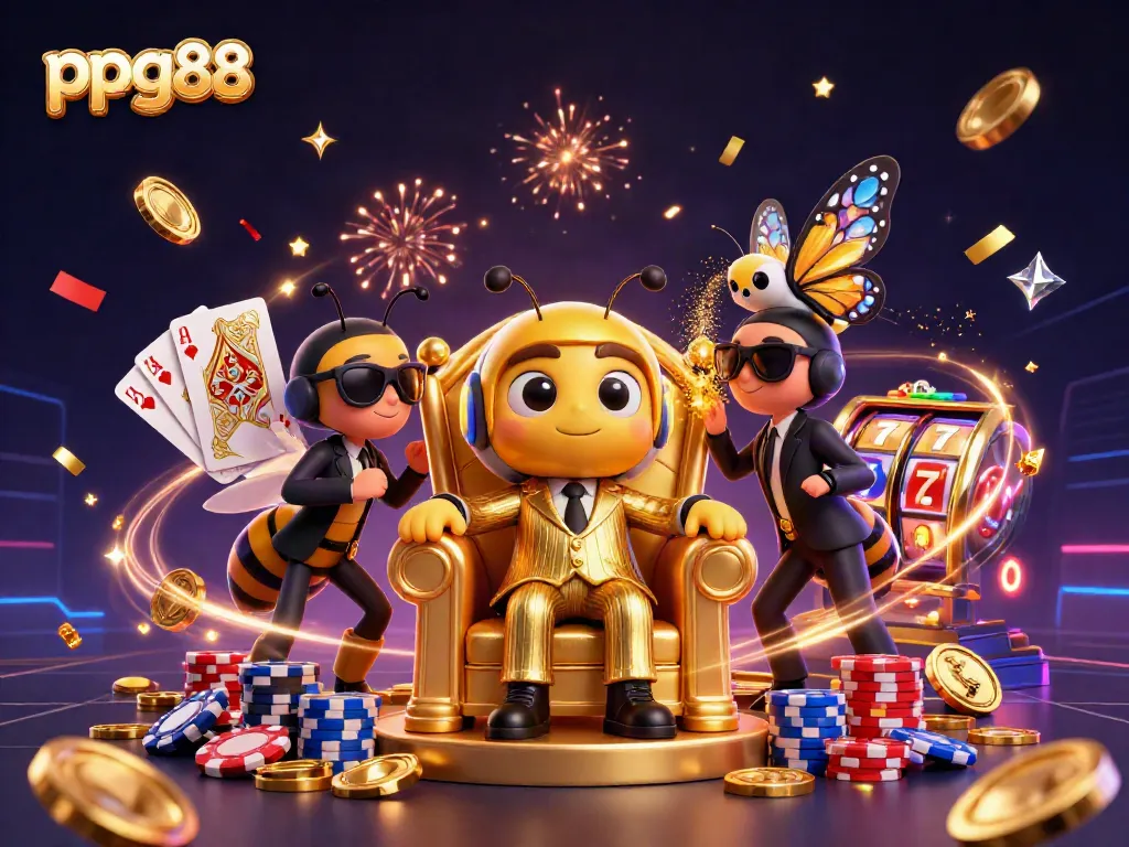 Experience the excitement with ppg88's dynamic casino scene featuring slots and dazzling characters.