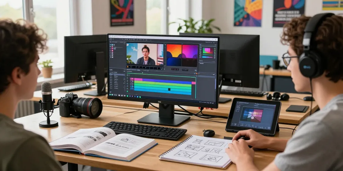 Student learning in a Creative video editing and animation course at a bright studio with editing software and storyboards.