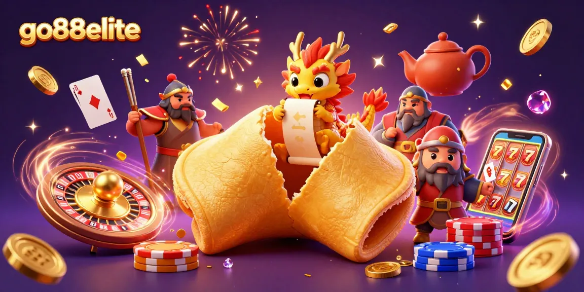 Engage in the thrilling world of go88elite with a vibrant casino scene featuring a giant golden fortune cookie, wise dragon, and lively casino elements.