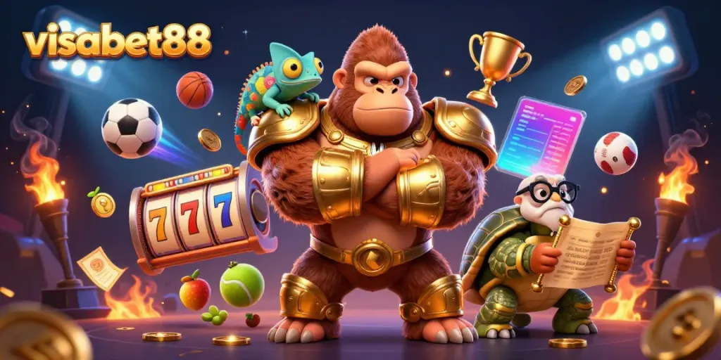 Engage with visabet88, where a powerful gorilla king, chameleon, and tortoise navigate a vibrant slot machine world.