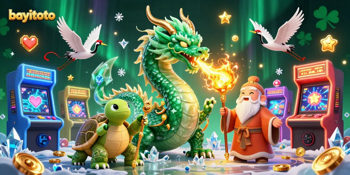 Experience the thrill of bayitoto with the emerald dragon, turtle sage, and lucky cranes in a vibrant casino environment.