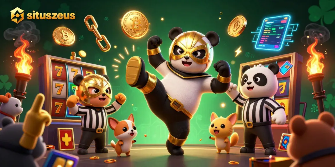 Situszeus showcases exciting slot action with a panda wrestler and animal fans in a vibrant casino scene
