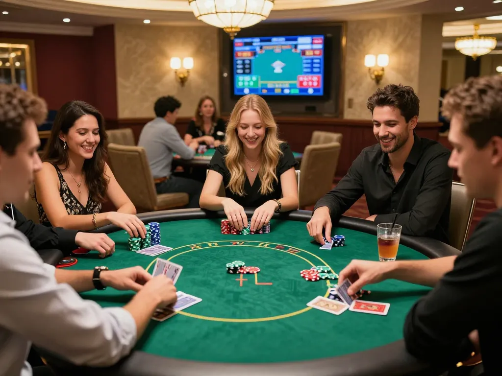 Exciting poker gaming scene with diverse friends playing at a Texas Hold'em table, vibrant casino atmosphere.