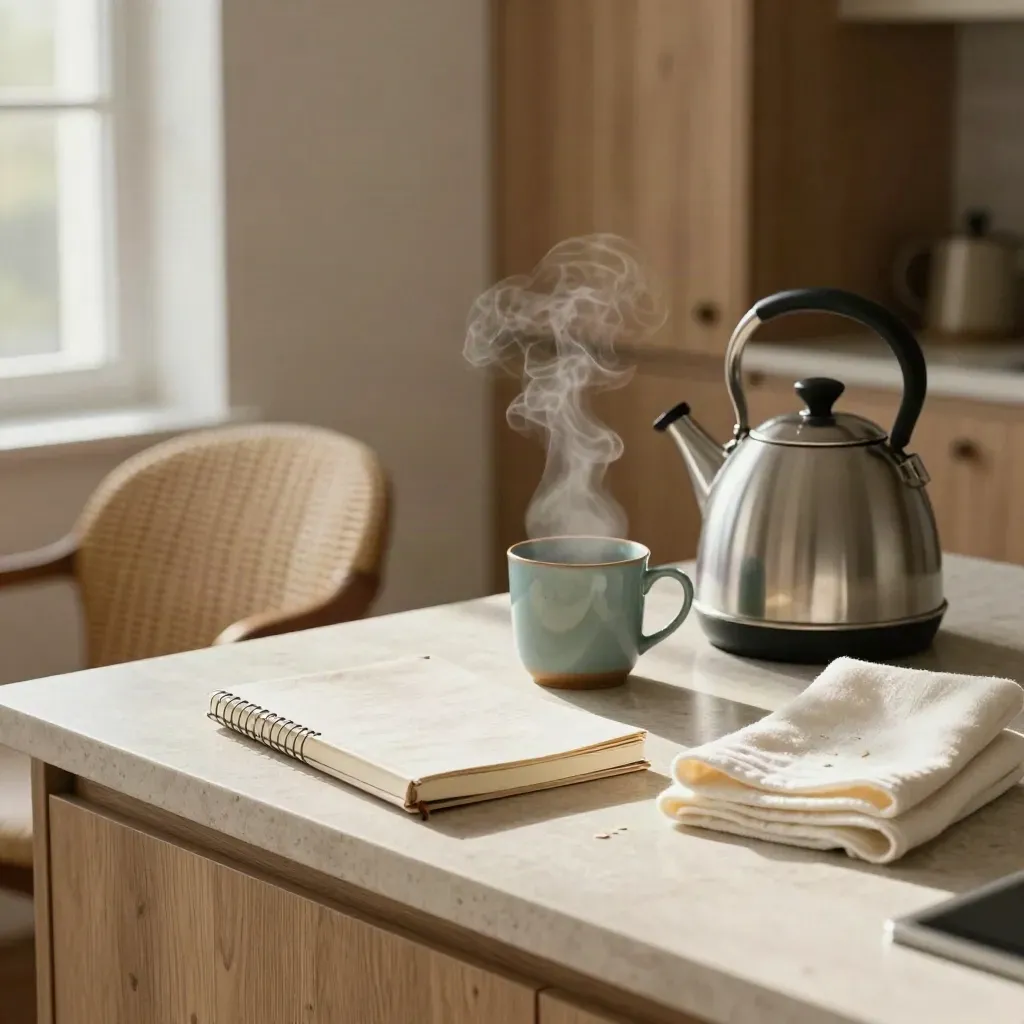 Warm kitchen advice corner with steaming kettle, closed notebook, teal mug, tea towel, and armchair.