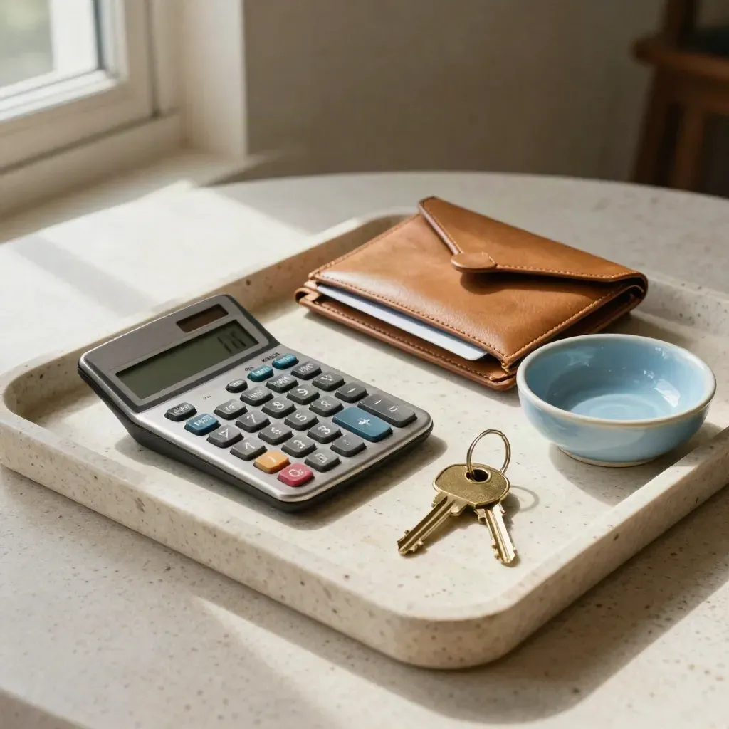 Admin tray with calculator, key, envelope wallet and blue ceramic bowl on travertine.
