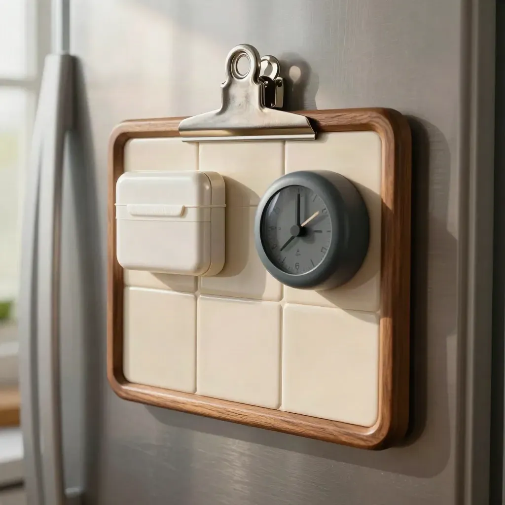 Extreme macro of care-planning tiles, pill box, timer and fridge clip on a fridge tray.