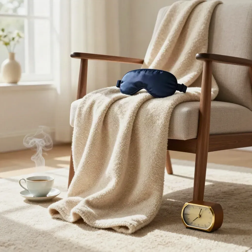 Cozy self-care chair with weighted throw, tea, timer and sleep mask in warm window light.