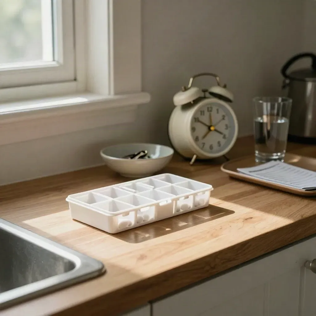 Kitchen care station with pill organiser, clock, key bowl, and routine tray in warm window light