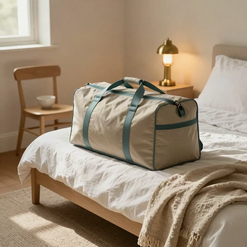 Prepared respite bedroom with fresh bedding, overnight bag, lamp glow and key bowl.