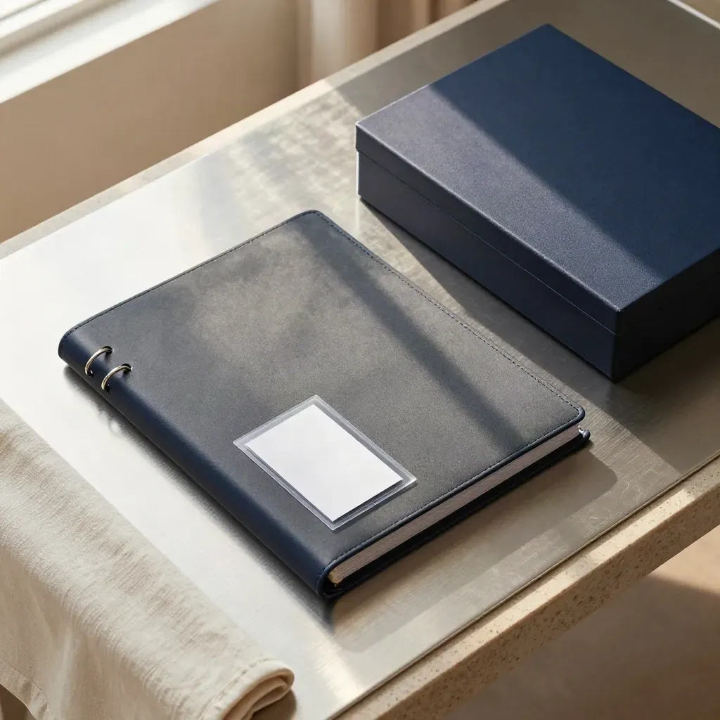 Overhead care support folder with face-down cards and a lidded box on brushed metal.