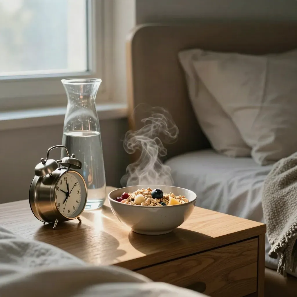 Steam rises from breakfast bowl beside carafe, alarm clock, and folded blanket at a bedside chair.