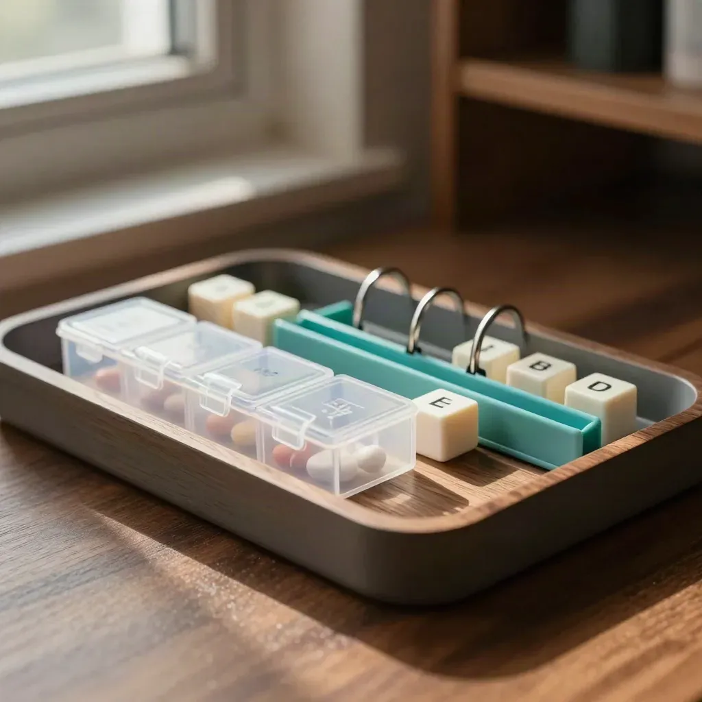 Extreme macro of care-planning tools on walnut wood with teal accent and soft light.