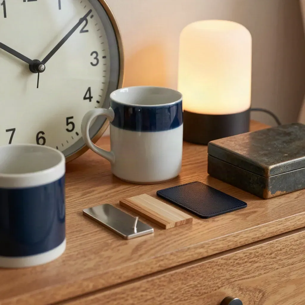Dementia support routine cues: clock, mug, nightlight, drawer pulls and memory box lid on oak.