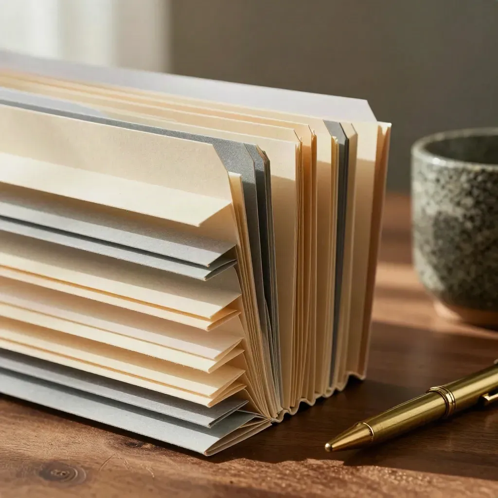 Macro of archival folders, brass pen and stone mug on a walnut desk.