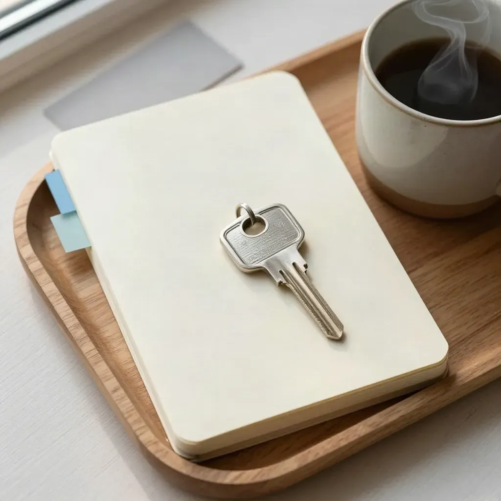 Overhead flatlay of notebook, house key, mug and colour tabs in a pale wood tray.