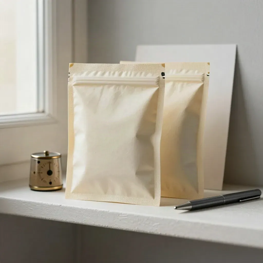 Two sealed guide packets, a small timer, and a pen on a narrow shelf