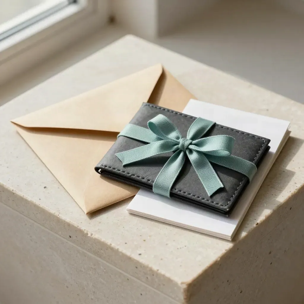 Stone-surface care pack with pouch, file wallet and ribbon-tied kit, styled for a support-service ad.