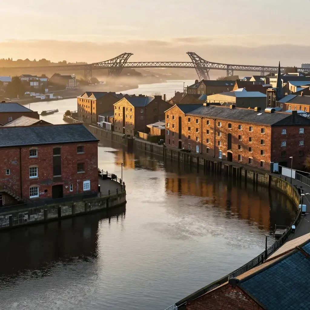 Golden-hour Mersey docklands with brick warehouses, canal reflections, and a distant bridge