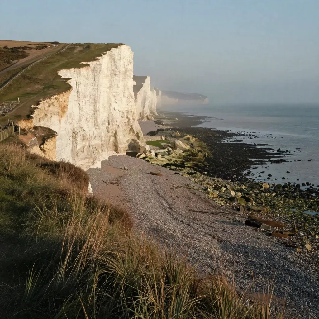 Brighton chalk cliffs and shingle coast in morning mist above a calm open shoreline.