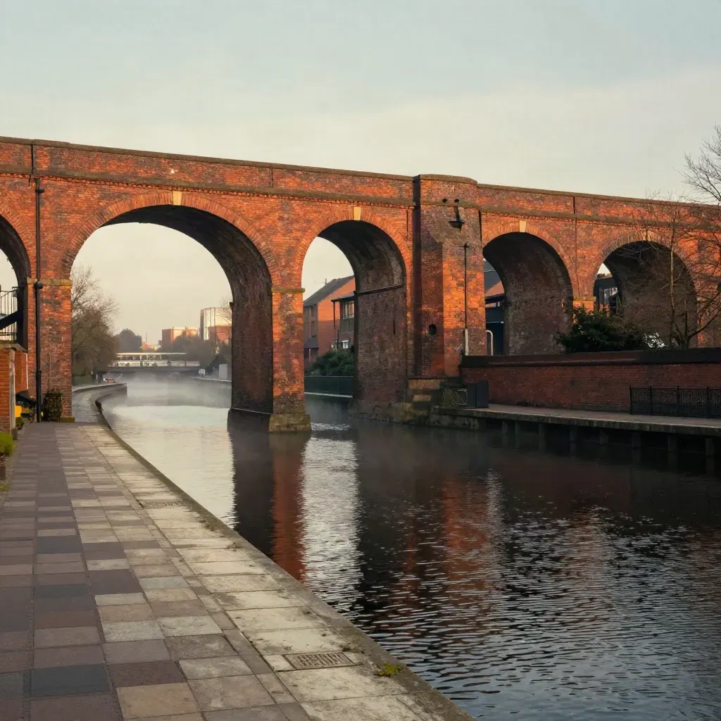 Amber dusk over Birmingham canals, red-brick viaducts and calm water in the West Midlands.