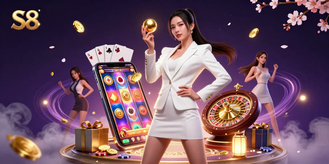 Experience the excitement of S8 casino with a stunning 3D illustration featuring a confident woman holding a roulette ball.
