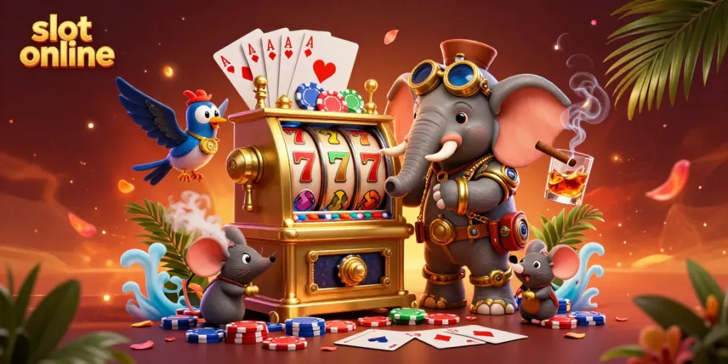 Engage in thrilling slot online adventures with the steampunk elephant engineer operating a vibrant slot machine.