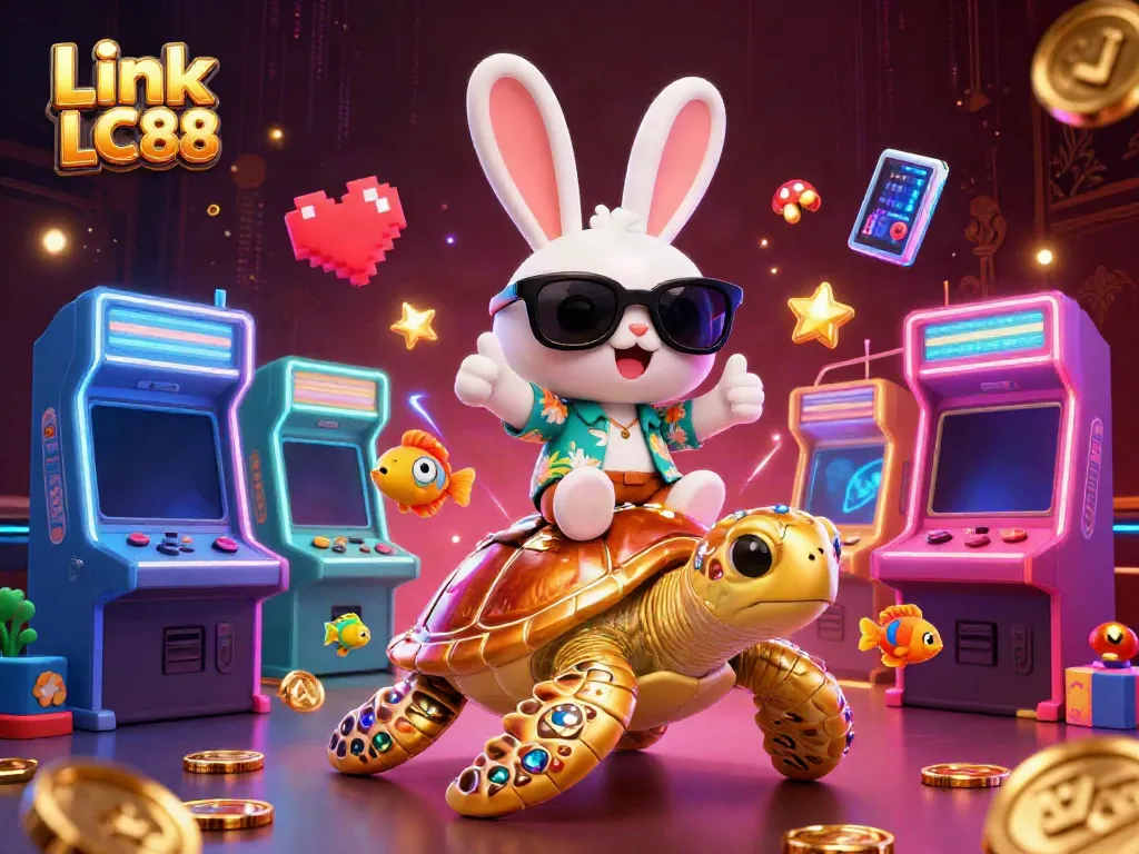 Engage with the colorful world of Link LC88, featuring an adorable rabbit and golden sea turtle in a vibrant casino setting.