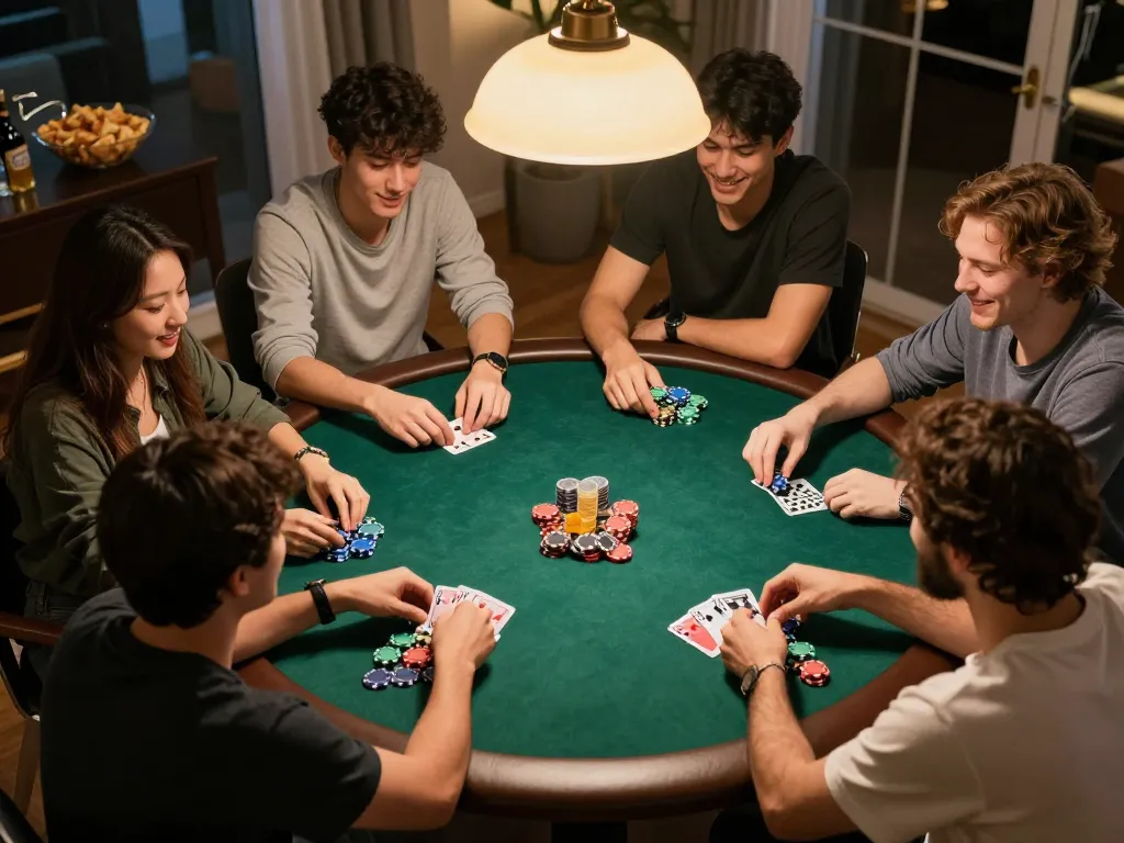 Friends enjoying a lively home poker night, showcasing strategic gameplay and camaraderie in nhandinhkeonhacai.