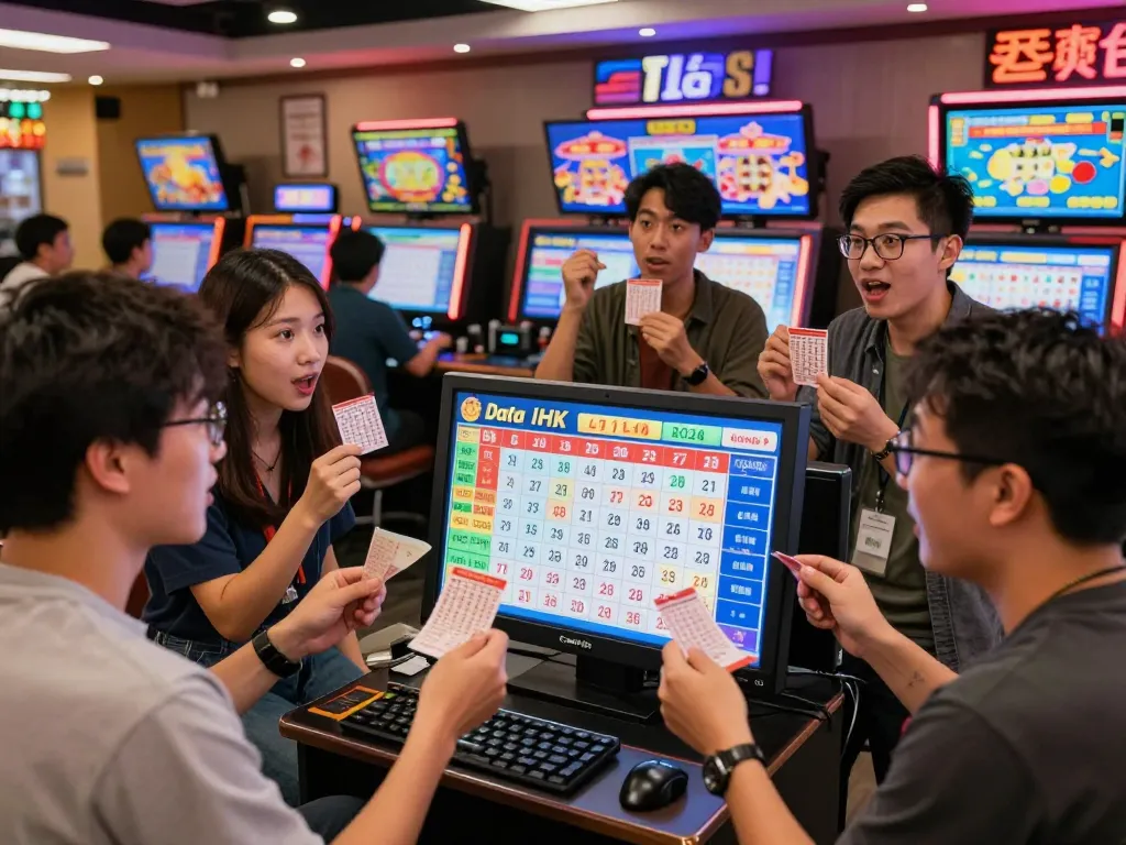 Excited players viewing latest Data HK results at a vibrant lottery venue, capturing thrill and community.