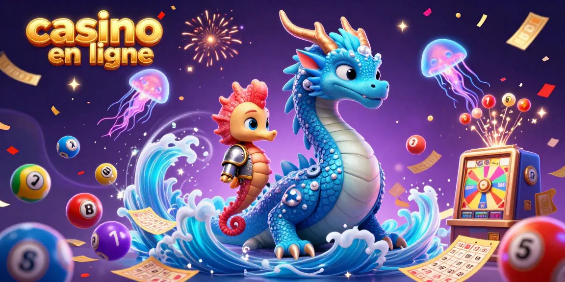 Découvrez l'univers captivant du casino en ligne avec un dragon azur jouant au bingo et attirant des boules colorées.