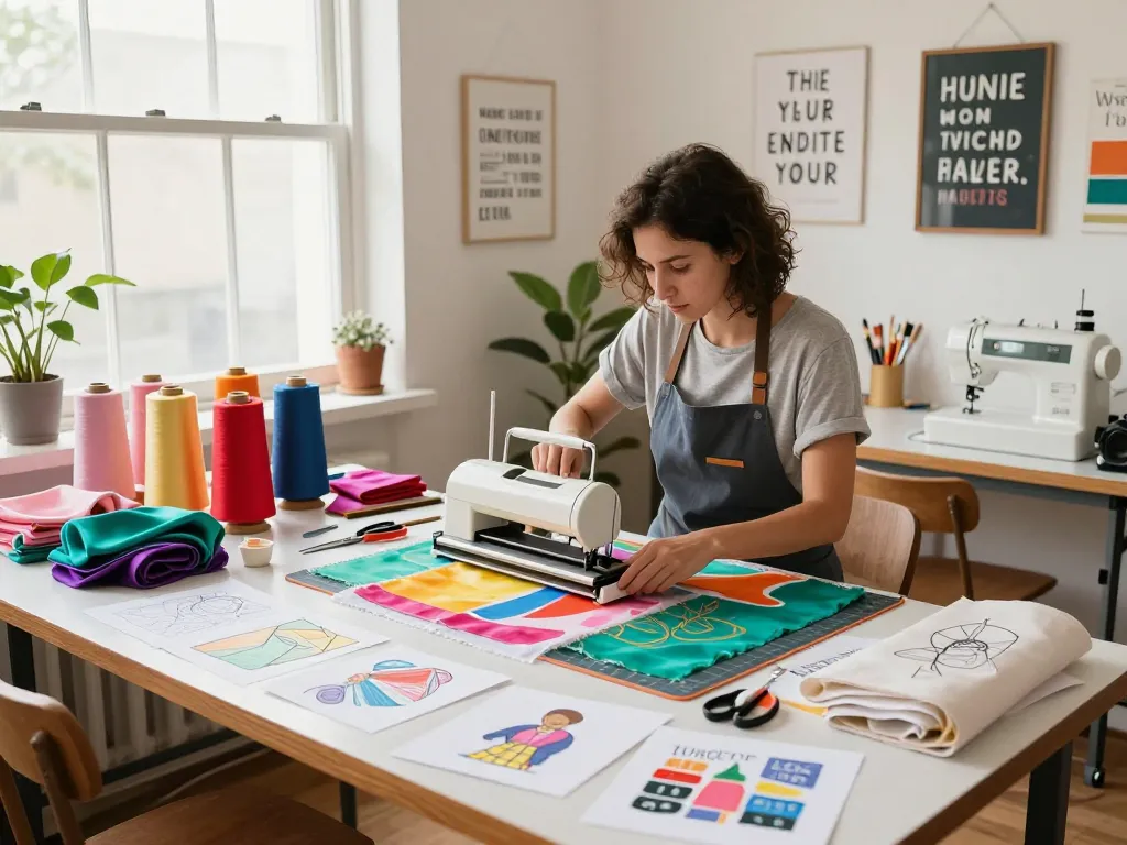 bóc ép lụa crafting scene with artisan using heat press in vibrant workshop