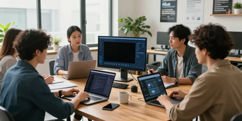 Team collaboration in a vibrant office demonstrating AI content generation for local businesses.